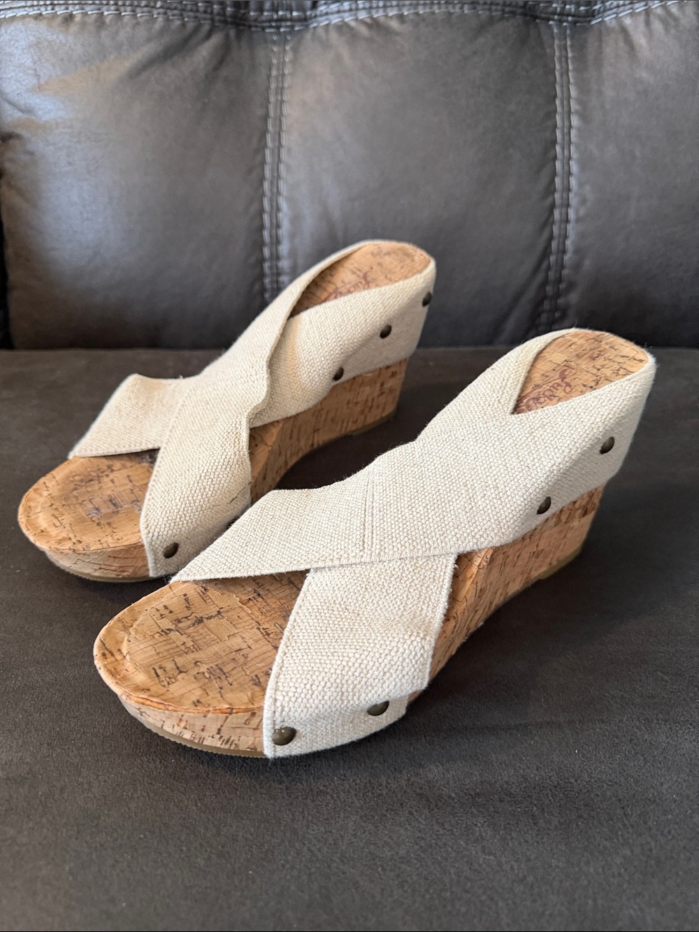 Lucky Brand Neutral Beige Cork Crossband Wedge Sandals